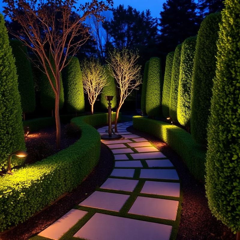 Landscaped garden path at dusk